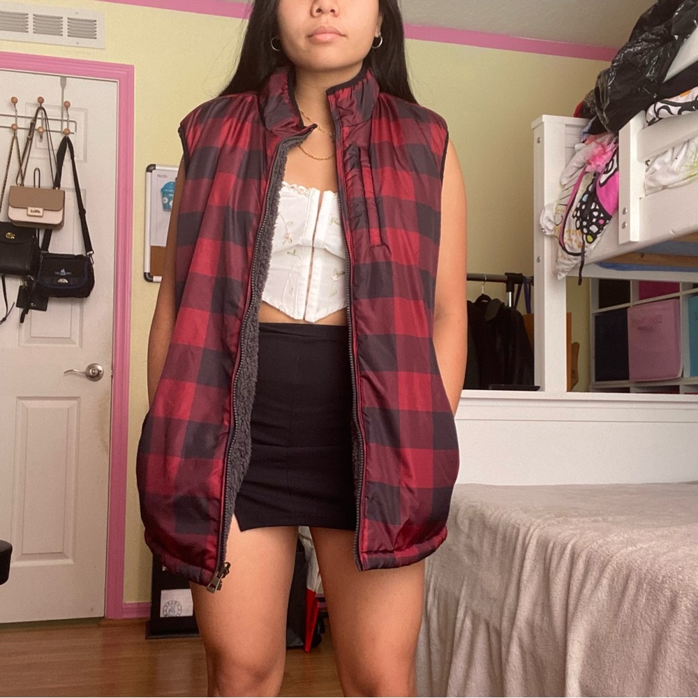 Red and Black Plaid Puffer Vest reversible